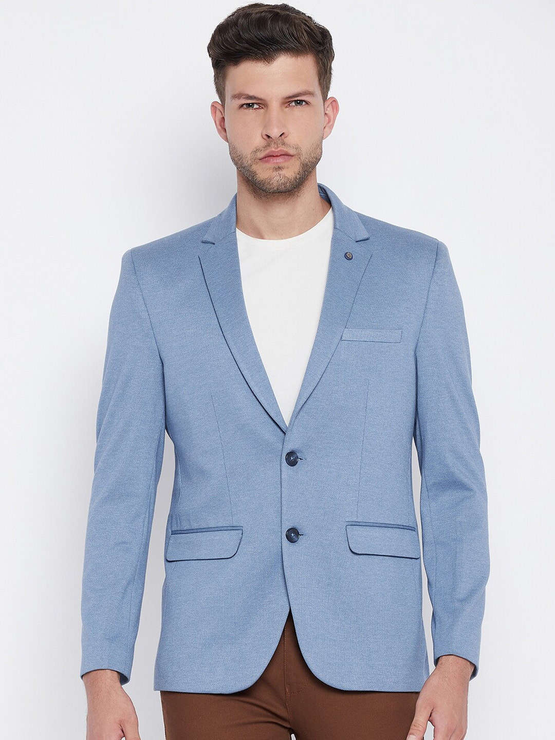 

Crimsoune Club Men Blue Solid Single-Breasted Slim-Fit Formal Blazer