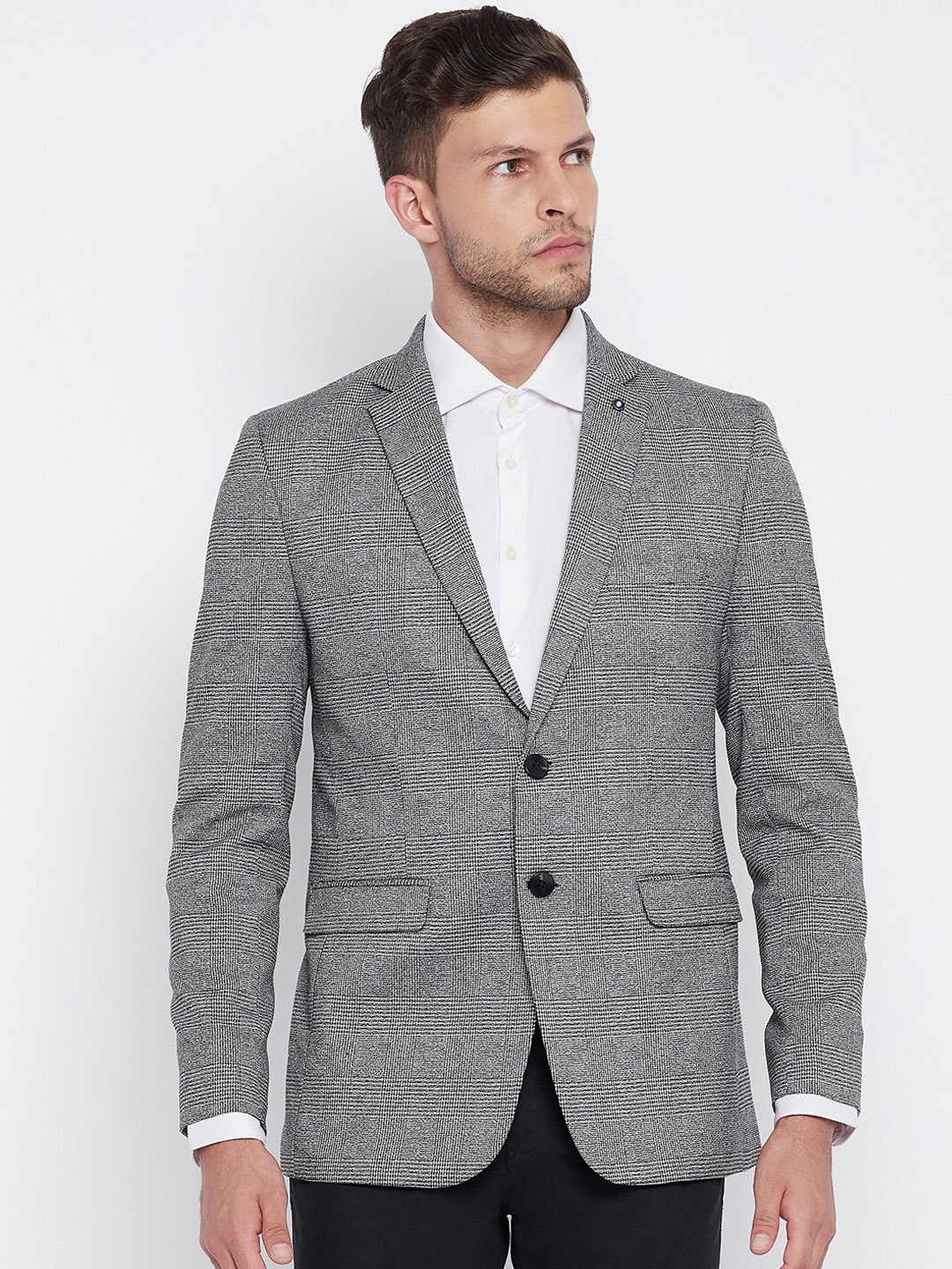 

Crimsoune Club Men Grey Checked Single-Breasted Slim-Fit Formal Blazer