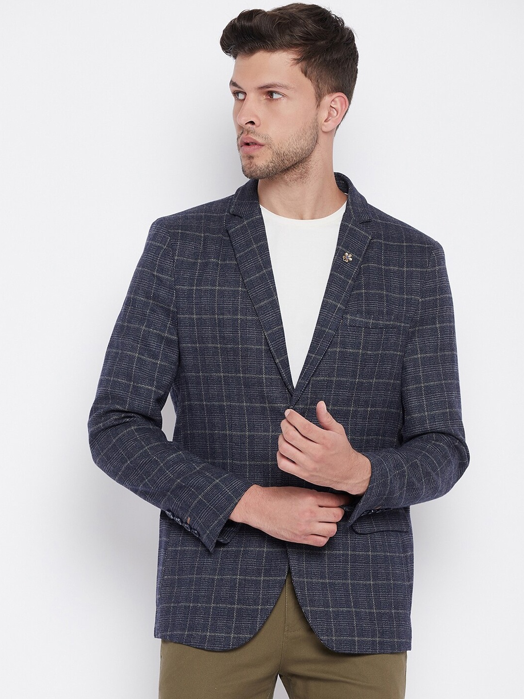 

Crimsoune Club Men Blue Checked Single-Breasted Slim-Fit Formal Blazer
