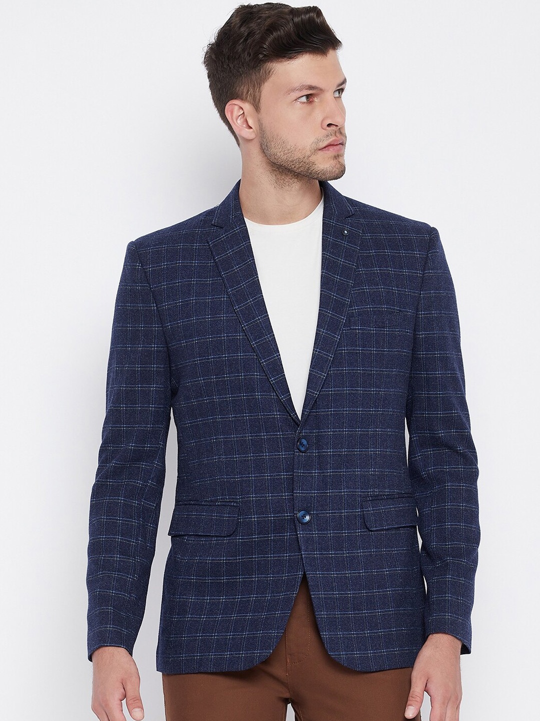 

Crimsoune Club Men Navy Blue Checked Single-Breasted Slim-Fit Formal Blazer