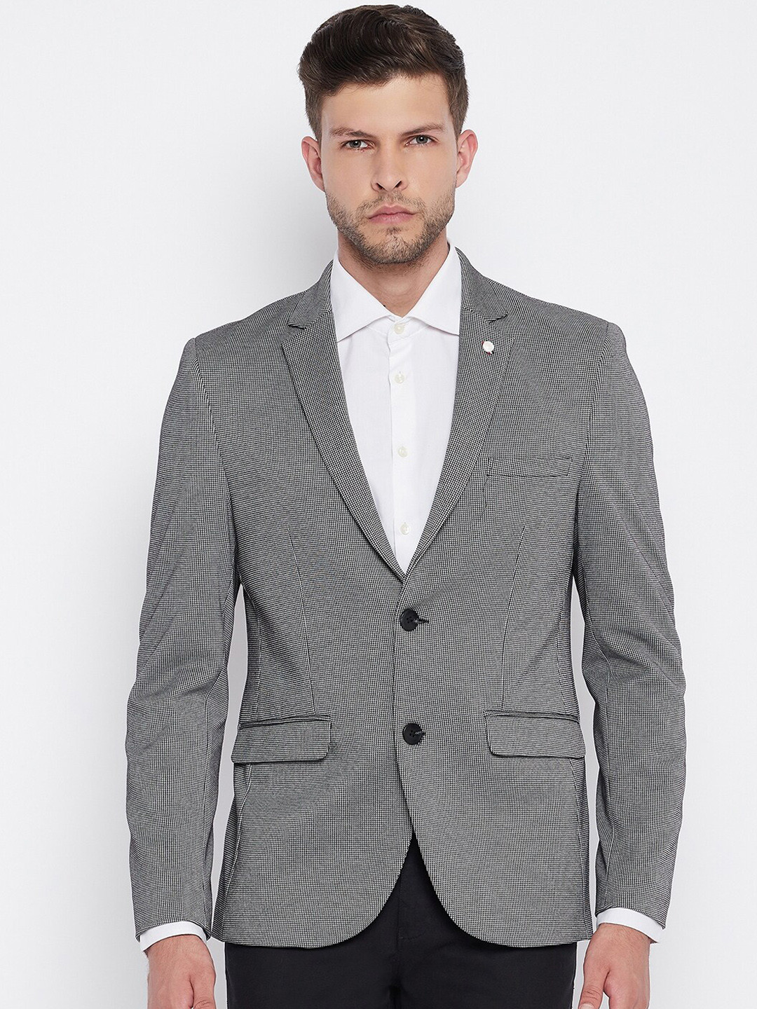 

Crimsoune Club Men Grey Self Design Single-Breasted Slim-Fit Formal Blazer