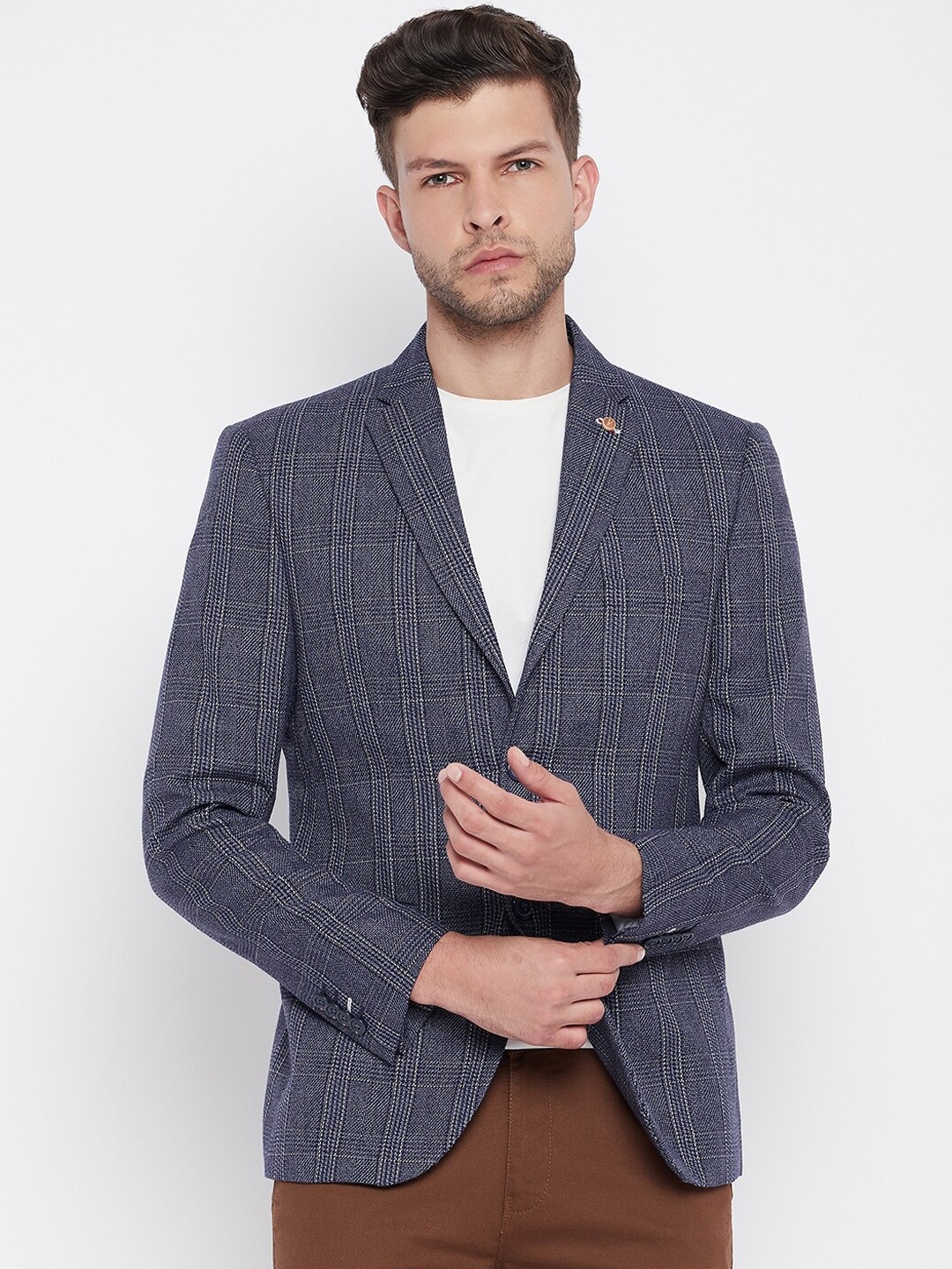 

Crimsoune Club Men Blue & White Checked Single-Breasted Slim-Fit Casual Blazer