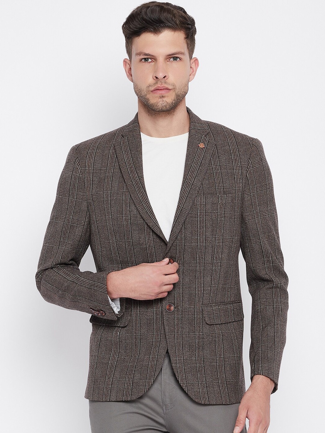 

Crimsoune Club Men Brown Checked Single-Breasted Slim-Fit Formal Blazer