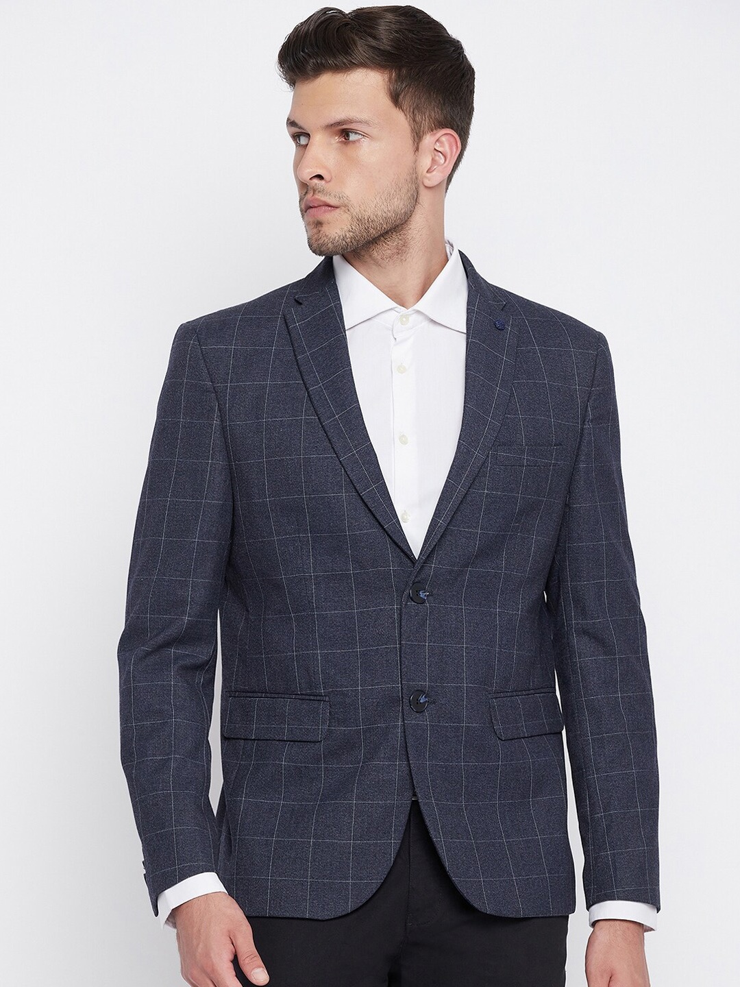 

Crimsoune Club Men Blue & White Checked Single-Breasted Slim-Fit Formal Blazer