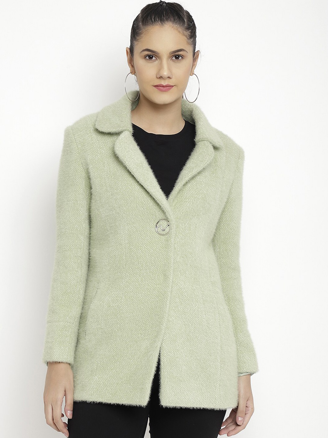 

LURE URBAN Women Sea Green Solid Woolen Trench Coat