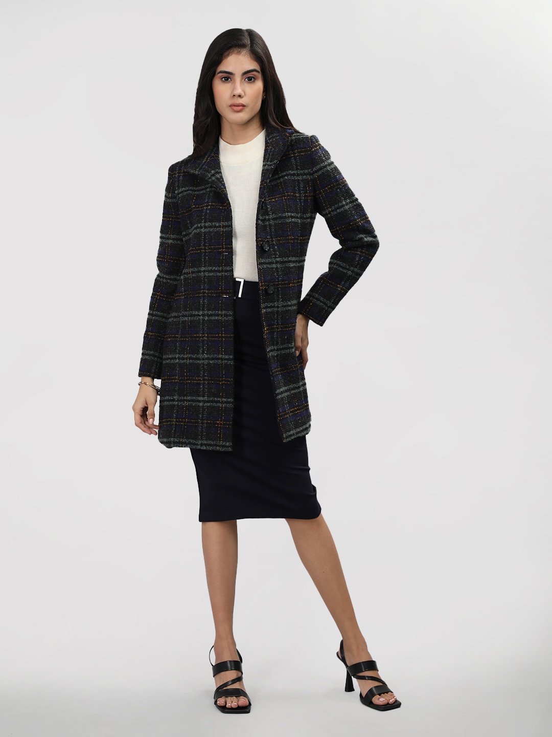 

LURE URBAN Women Green & Blue Checked Woolen Trench Coat