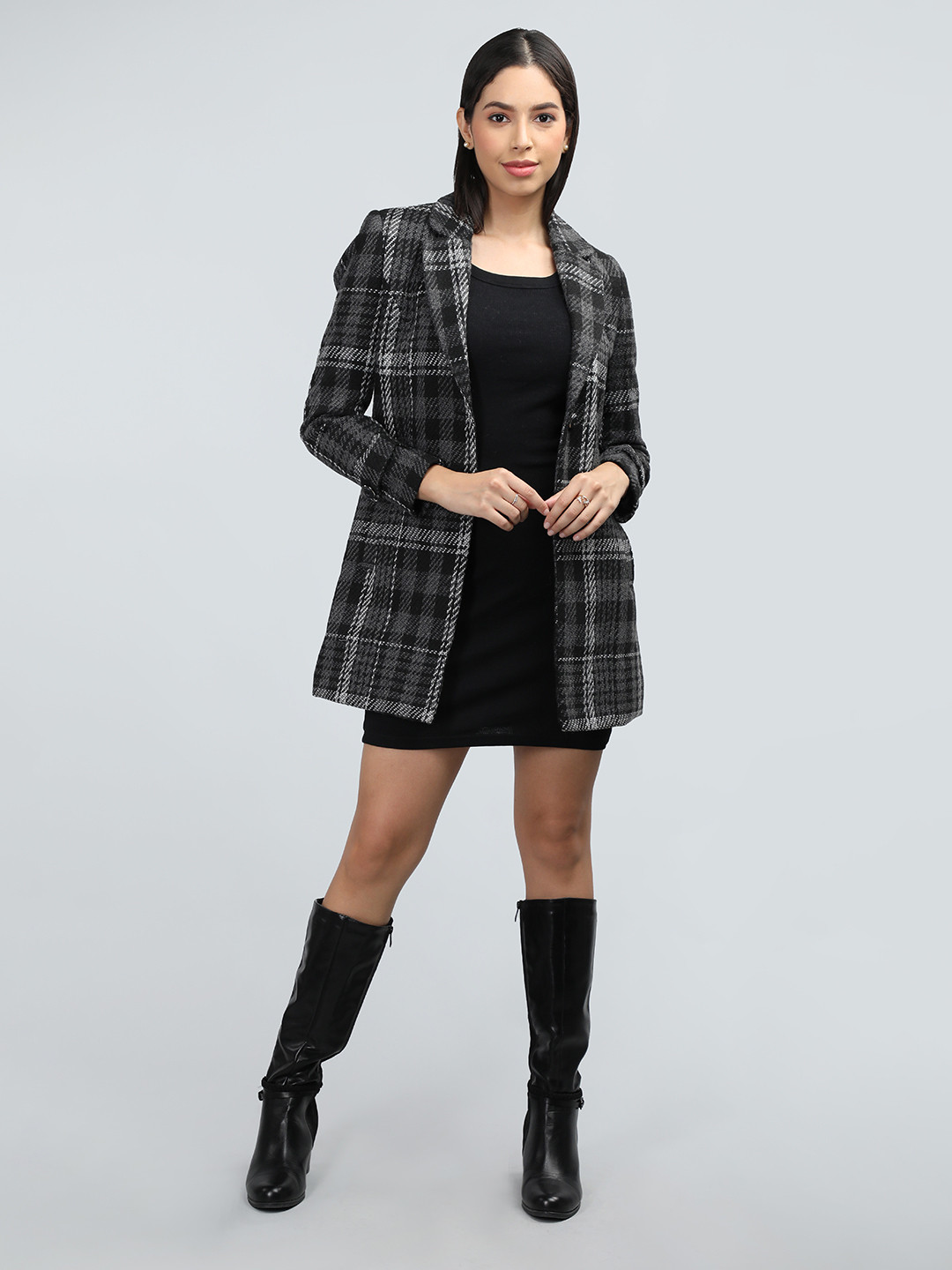 

LURE URBAN Women Black Checked Woollen Trench Coat