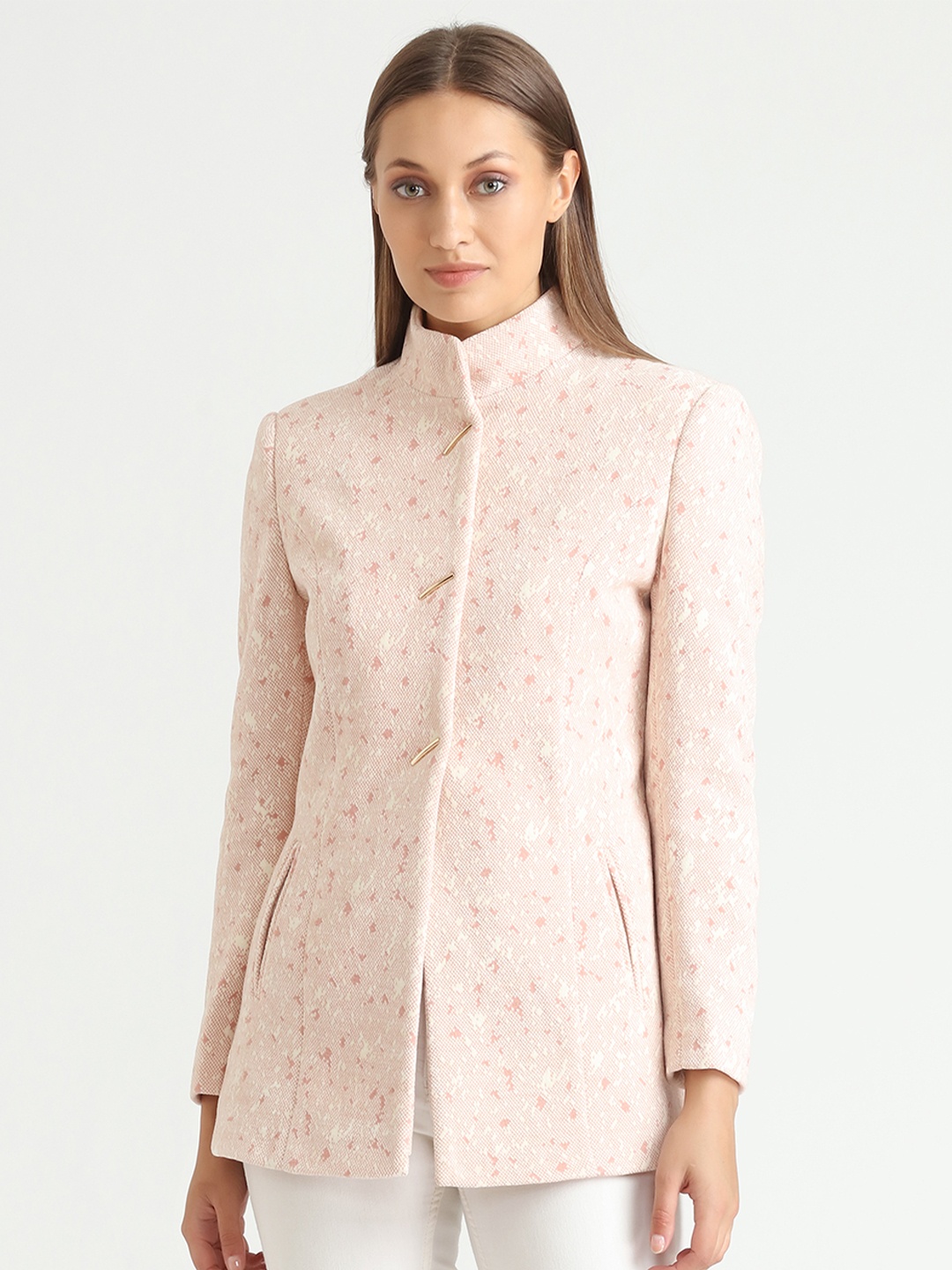 

LURE URBAN Women Pink & White Printed Woolen Overcoat