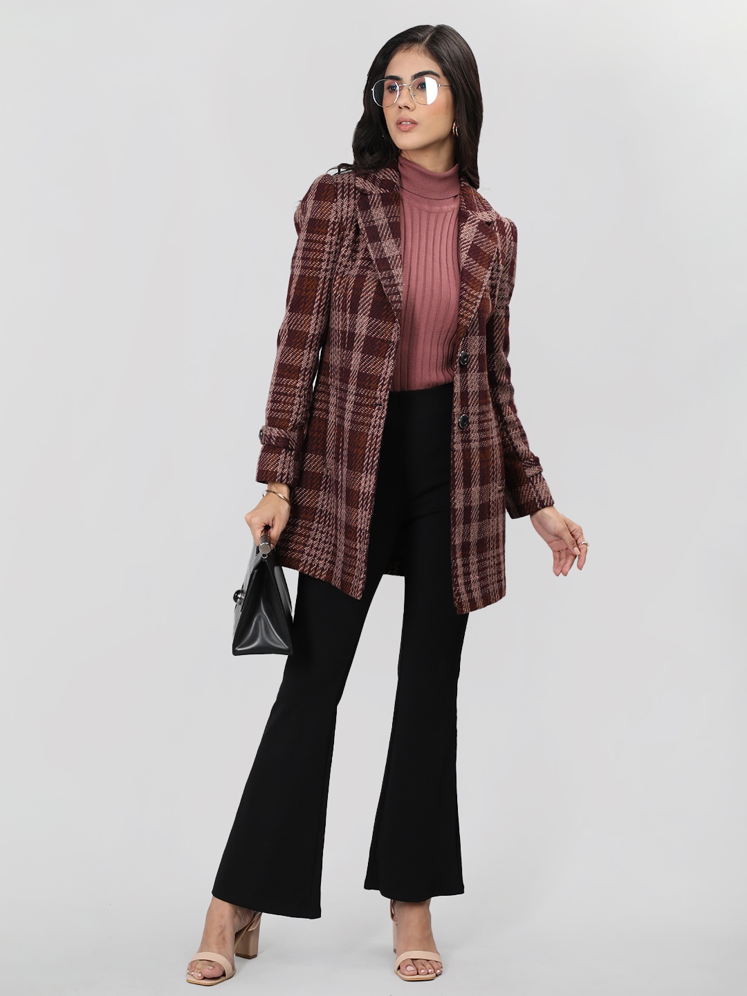 

LURE URBAN Women Maroon & Lavender Checked Woolen Trench Coat