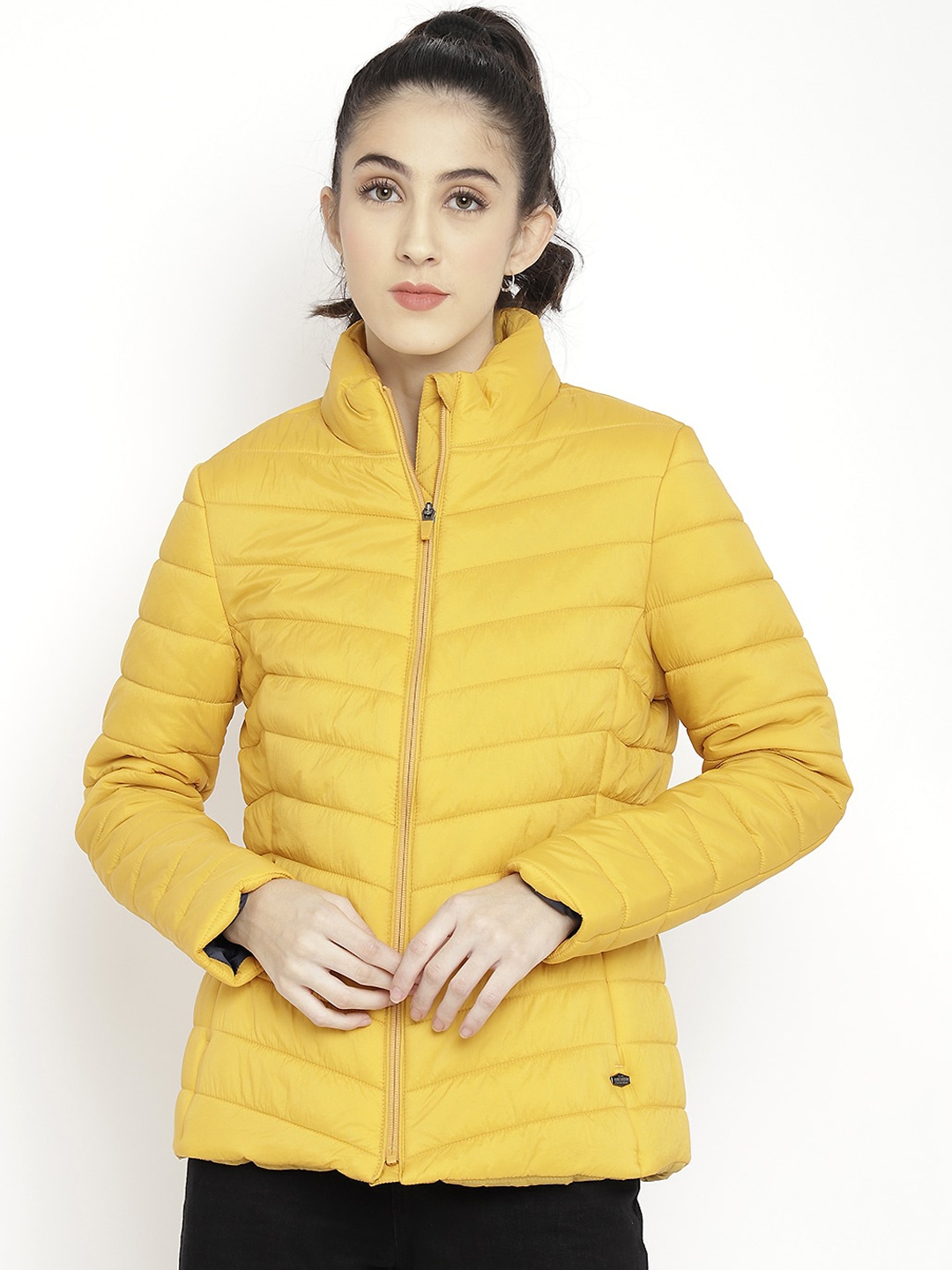 

LURE URBAN Women Gold-Toned Striped Longline Puffer Jacket