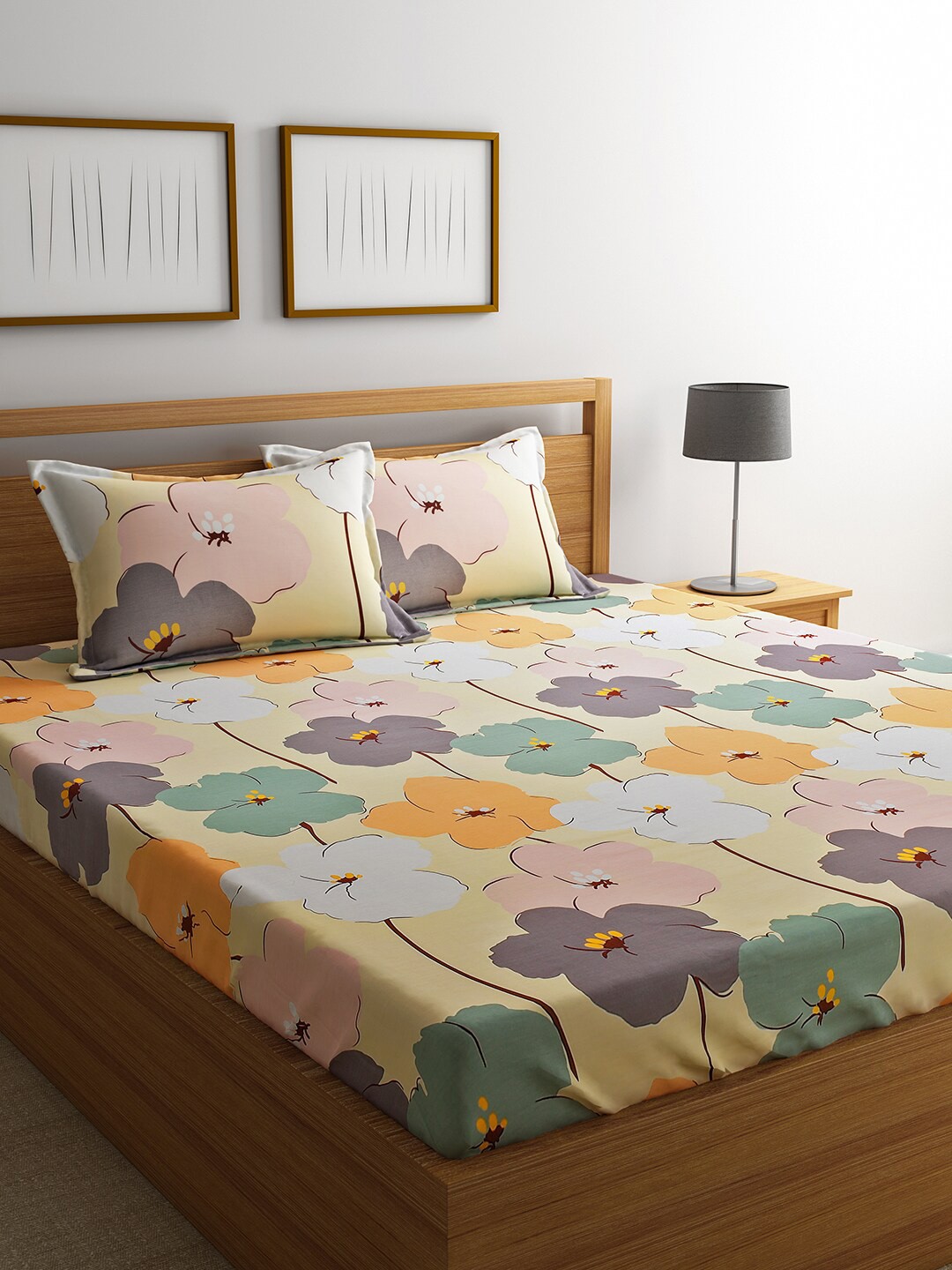 

RAGO Orange & Purple Floral 210 TC Cotton Queen Bedsheet with 2 Pillow Covers