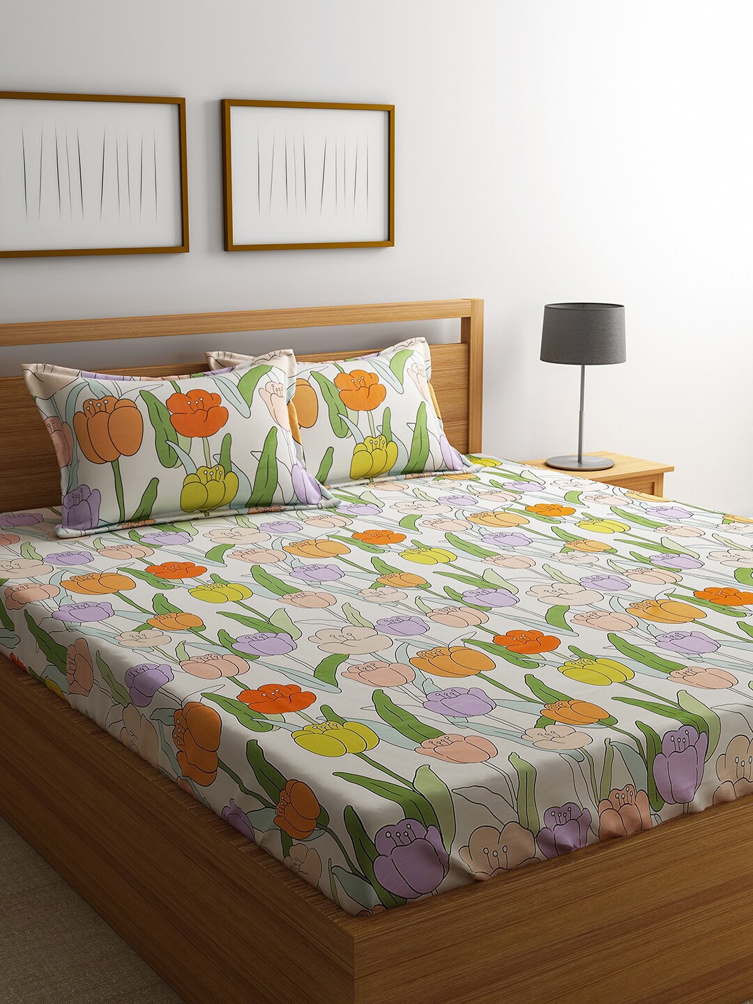 

RAGO White & Green Floral 210 TC Cotton Queen Bedsheet with 2 Pillow Covers