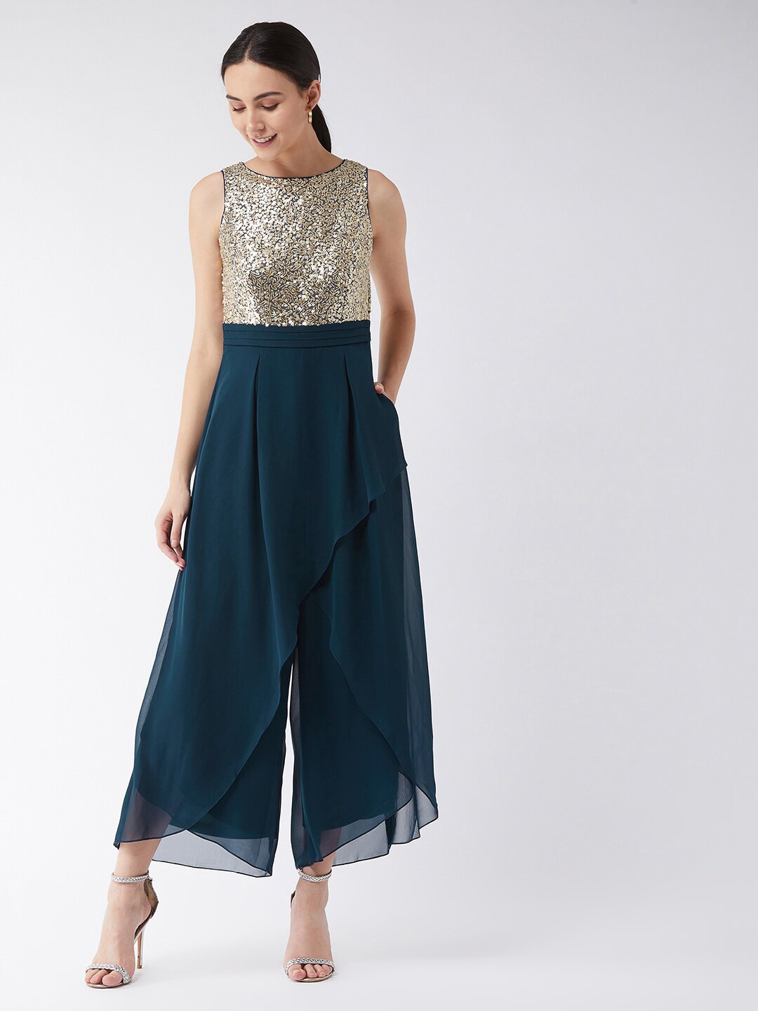 

Miss Chase Teal & Gold-Toned Sequined Asymmetric Layered Jumpsuit