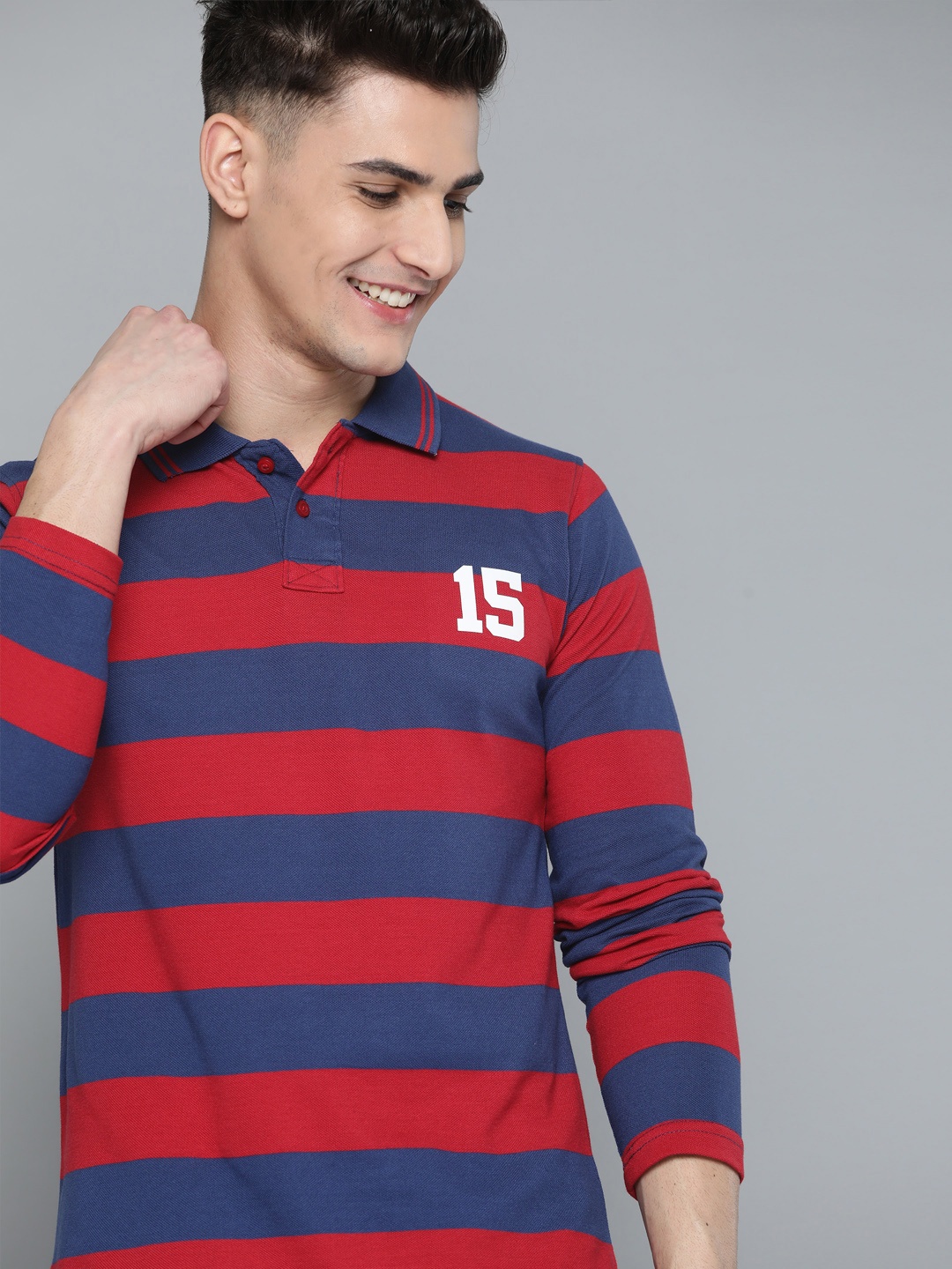 

HERE&NOW Men Red & Blue Striped Polo Collar T-shirt