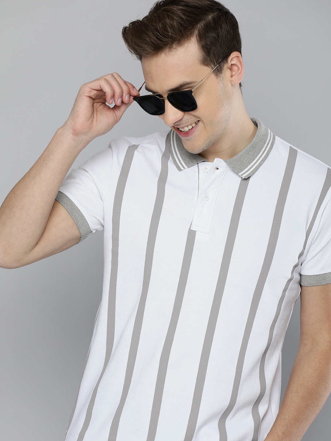 

HERE&NOW Men White & Grey Striped Polo Collar T-shirt