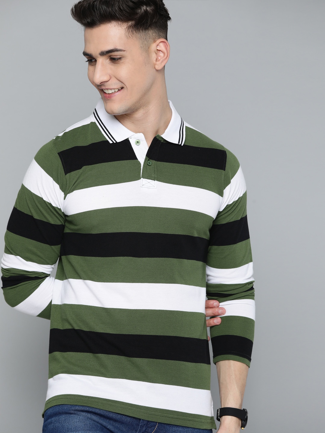 

HERE&NOW Men Olive Green & White Striped Polo Collar T-shirt