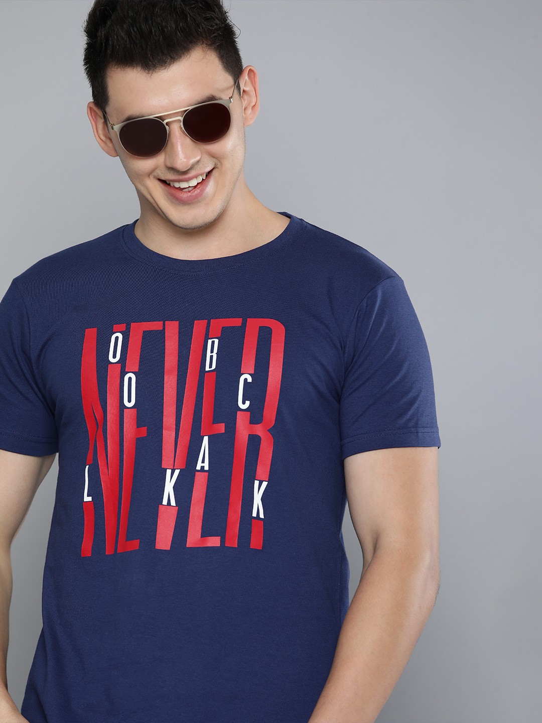 

HERE&NOW Men Navy Blue Typography Printed Casual T-shirt