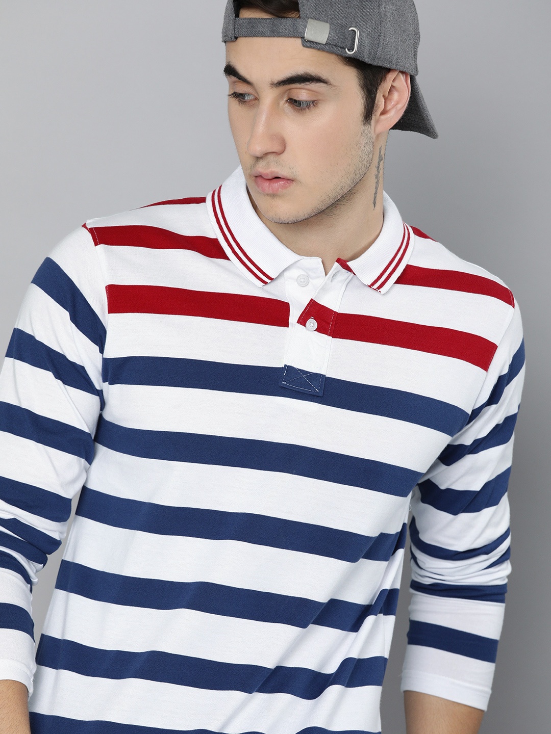 

HERE&NOW Men White & Navy Blue Striped Polo Collar T-shirt