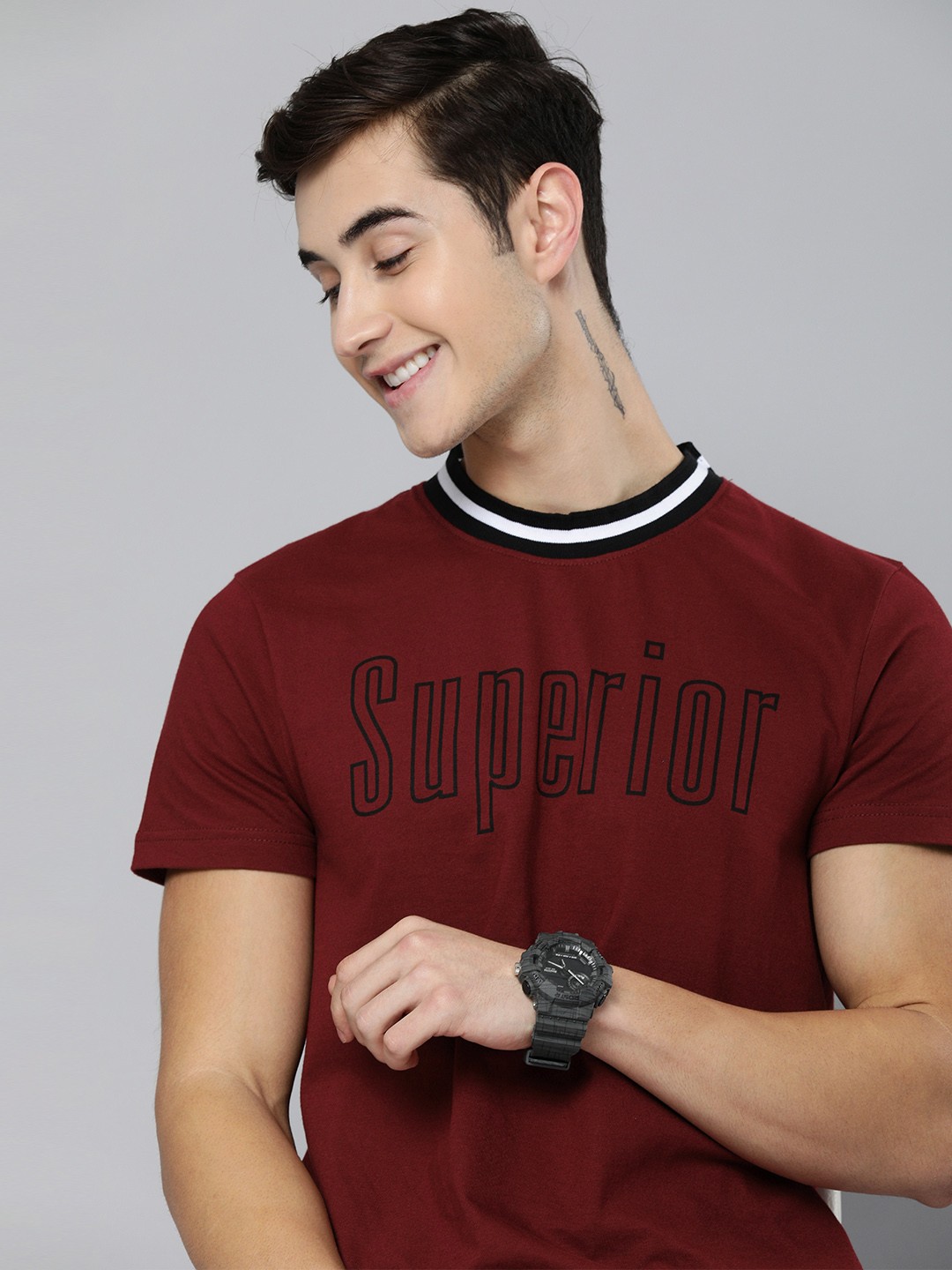 

HERE&NOW Men Maroon Typography Printed Pure Cotton Casual T-shirt