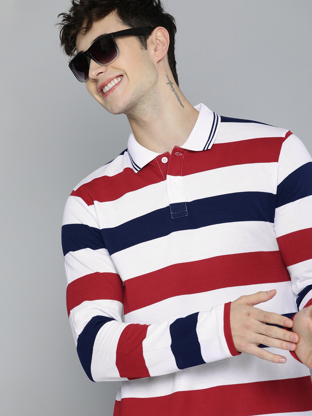 

HERE&NOW Men White & Navy Blue Striped Polo Collar T-shirt
