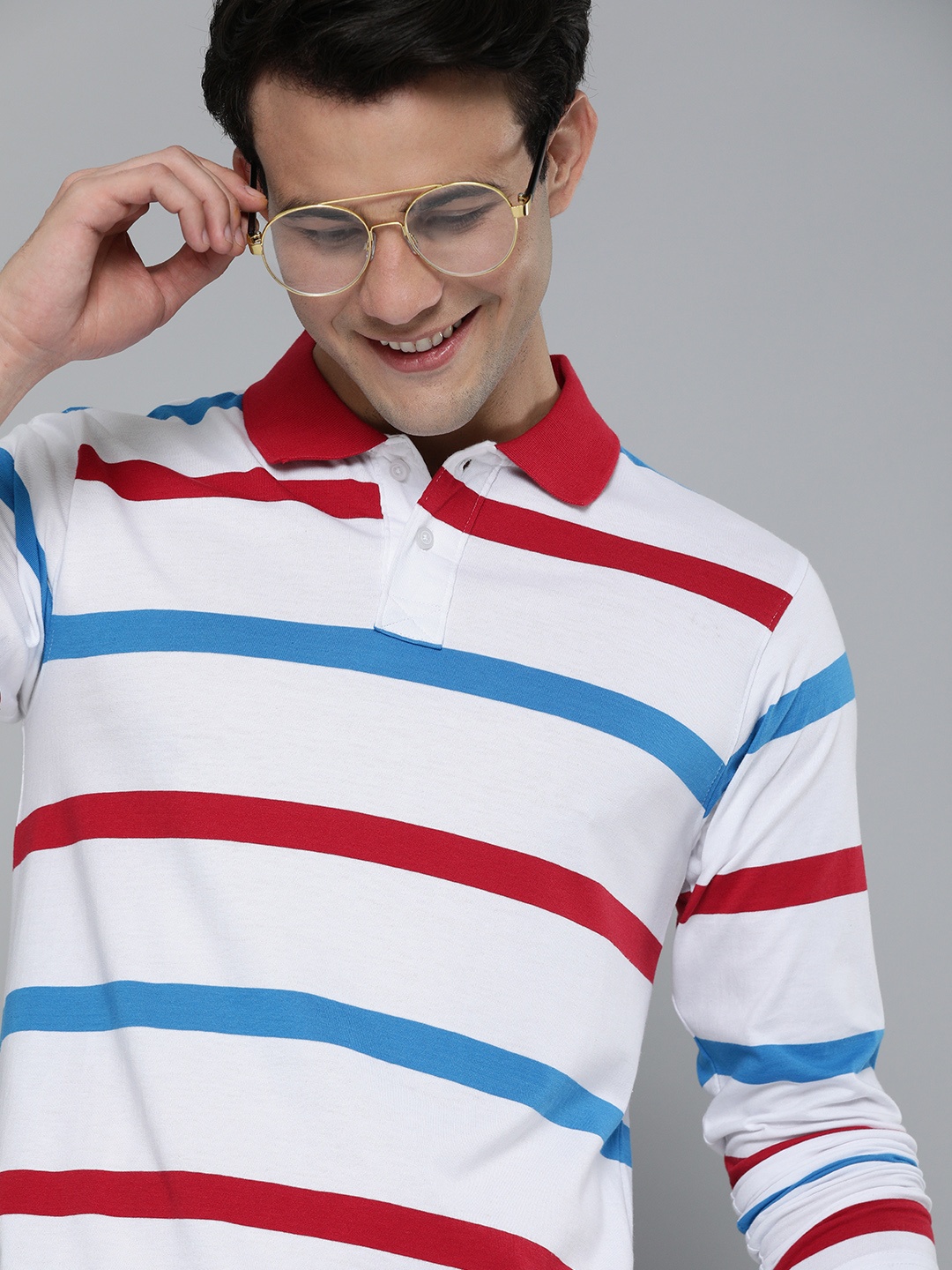 

HERE&NOW Men White & Blue Striped Polo Collar T-shirt