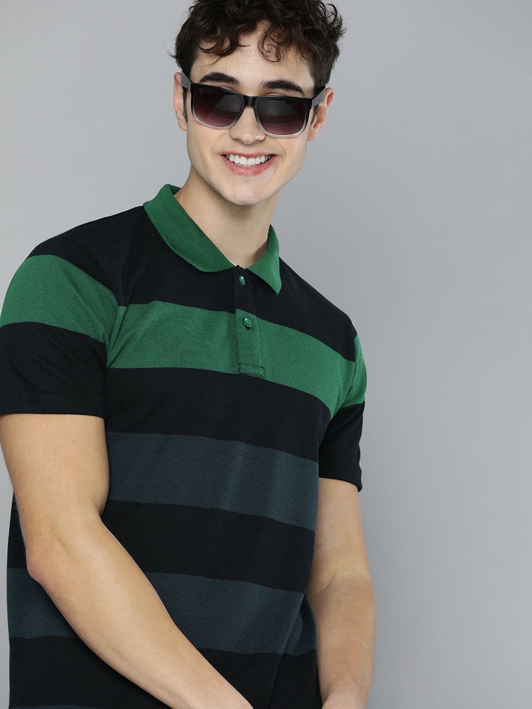 

HERE&NOW Men Black & Navy Blue Striped Polo Collar T-shirt