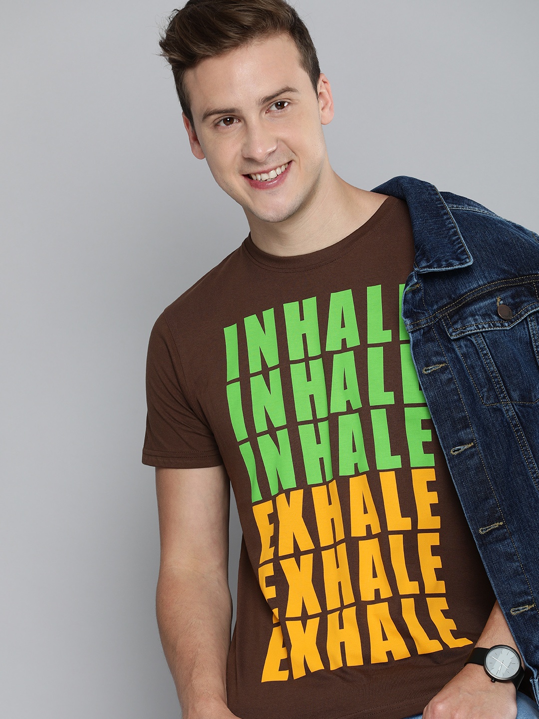

HERE&NOW Men Coffee Brown Typography Printed Pure Cotton Casual T-shirt