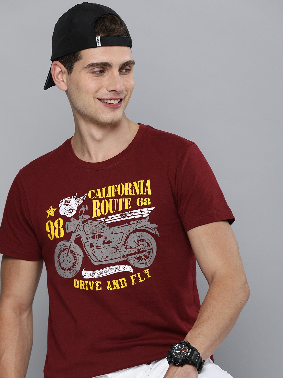 

HERE&NOW Men Maroon Biker Printed T-shirt