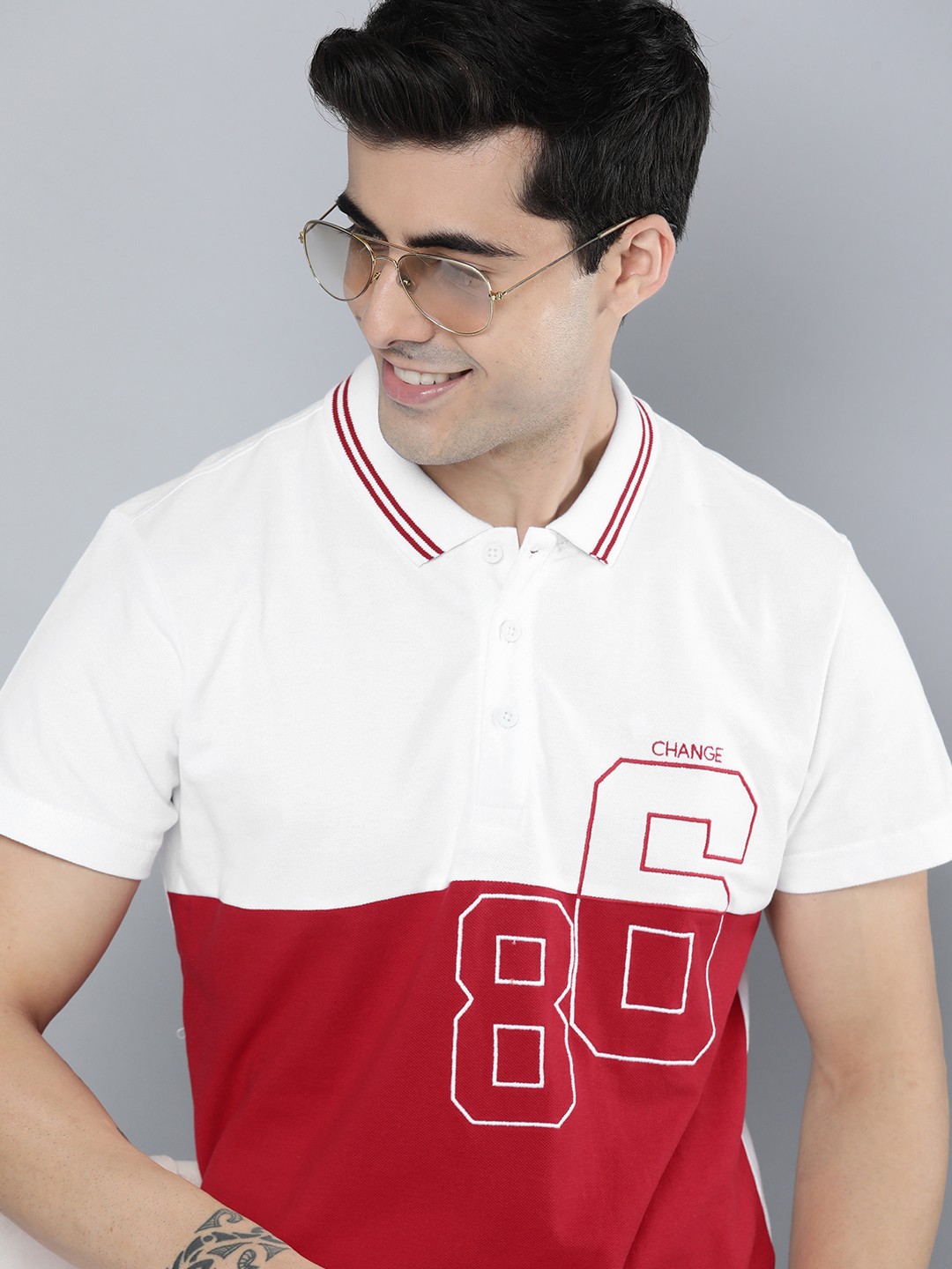 

HERE&NOW Men Red & White Colourblocked Pure Cotton Polo Collar T-shirt