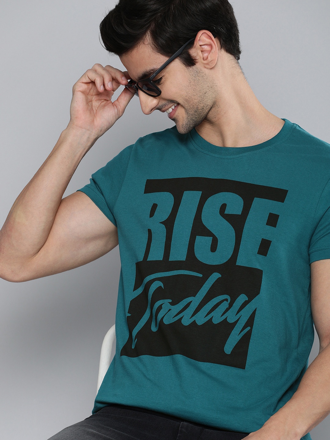 

HERE&NOW Men Teal Blue Typography Printed Round Neck Pure Cotton T-shirt