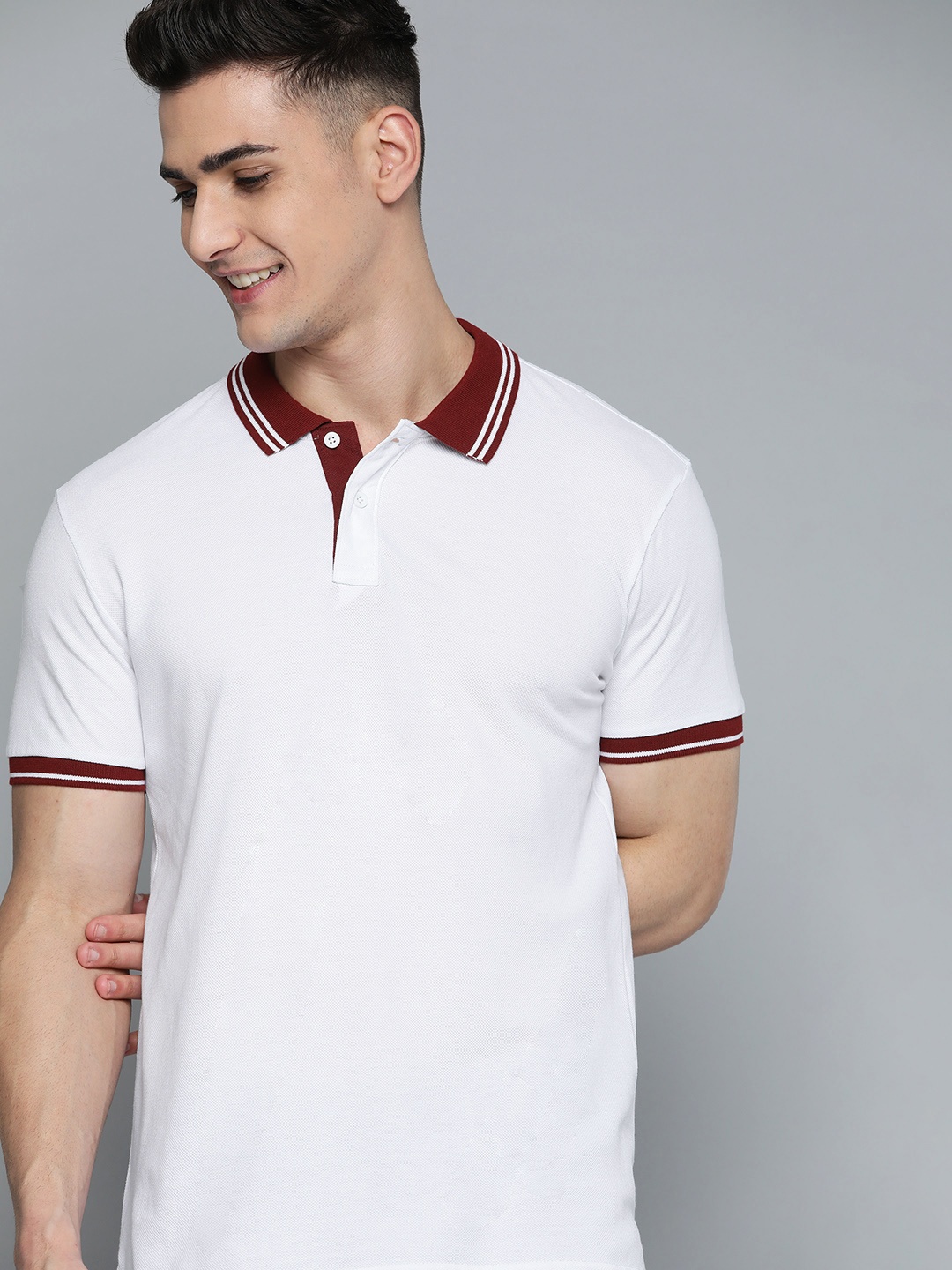 

HERE&NOW Men White Pure Cotton Polo Collar T-shirt