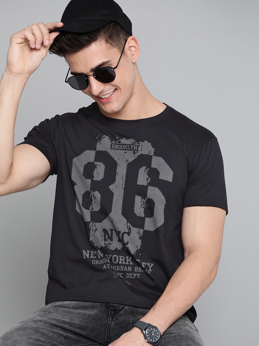 

HERE&NOW Men Black & Charcoal Grey Cotton Varsity Print T-shirt