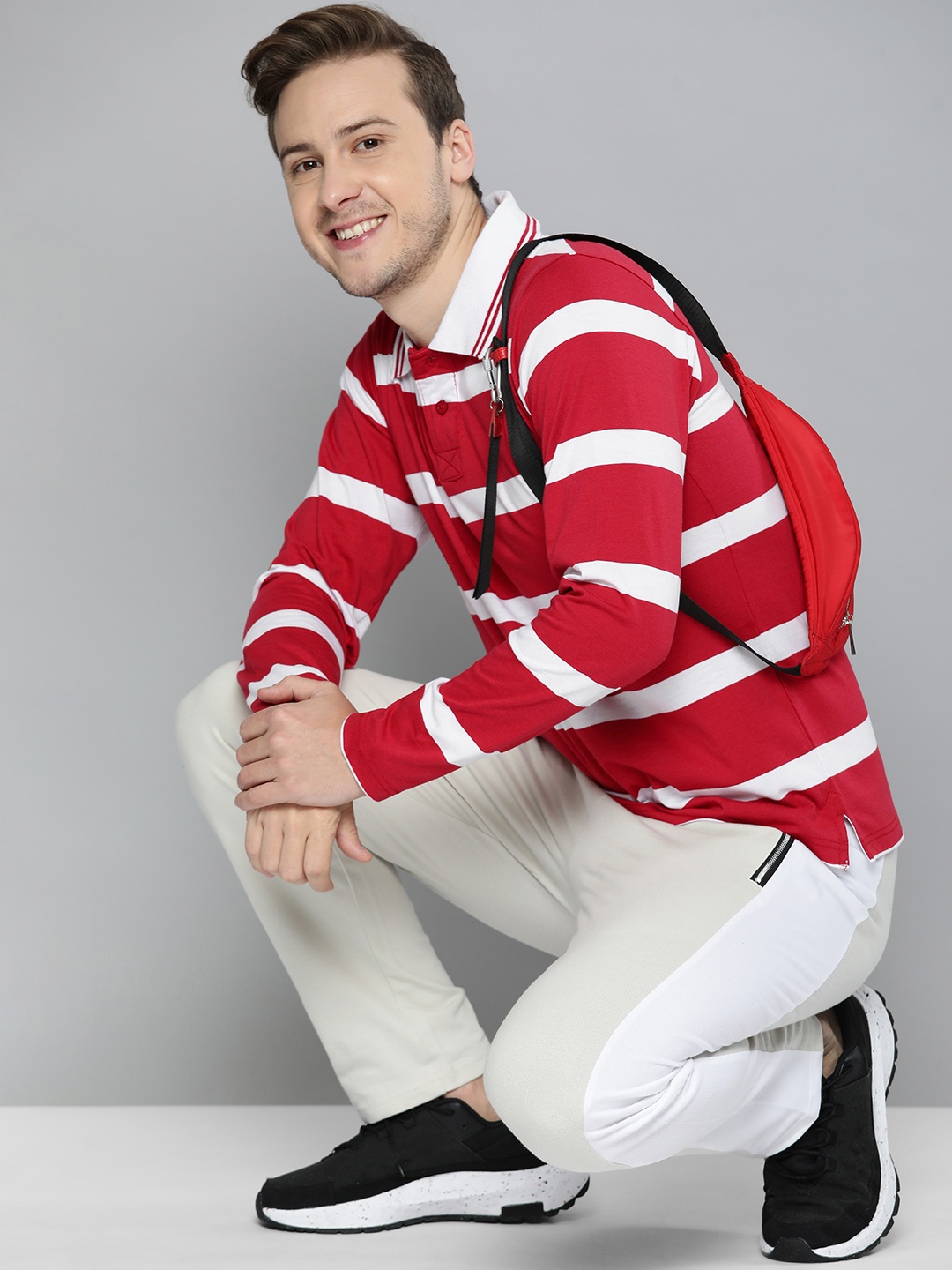 

HERE&NOW Men Red & White Striped Polo Collar T-shirt