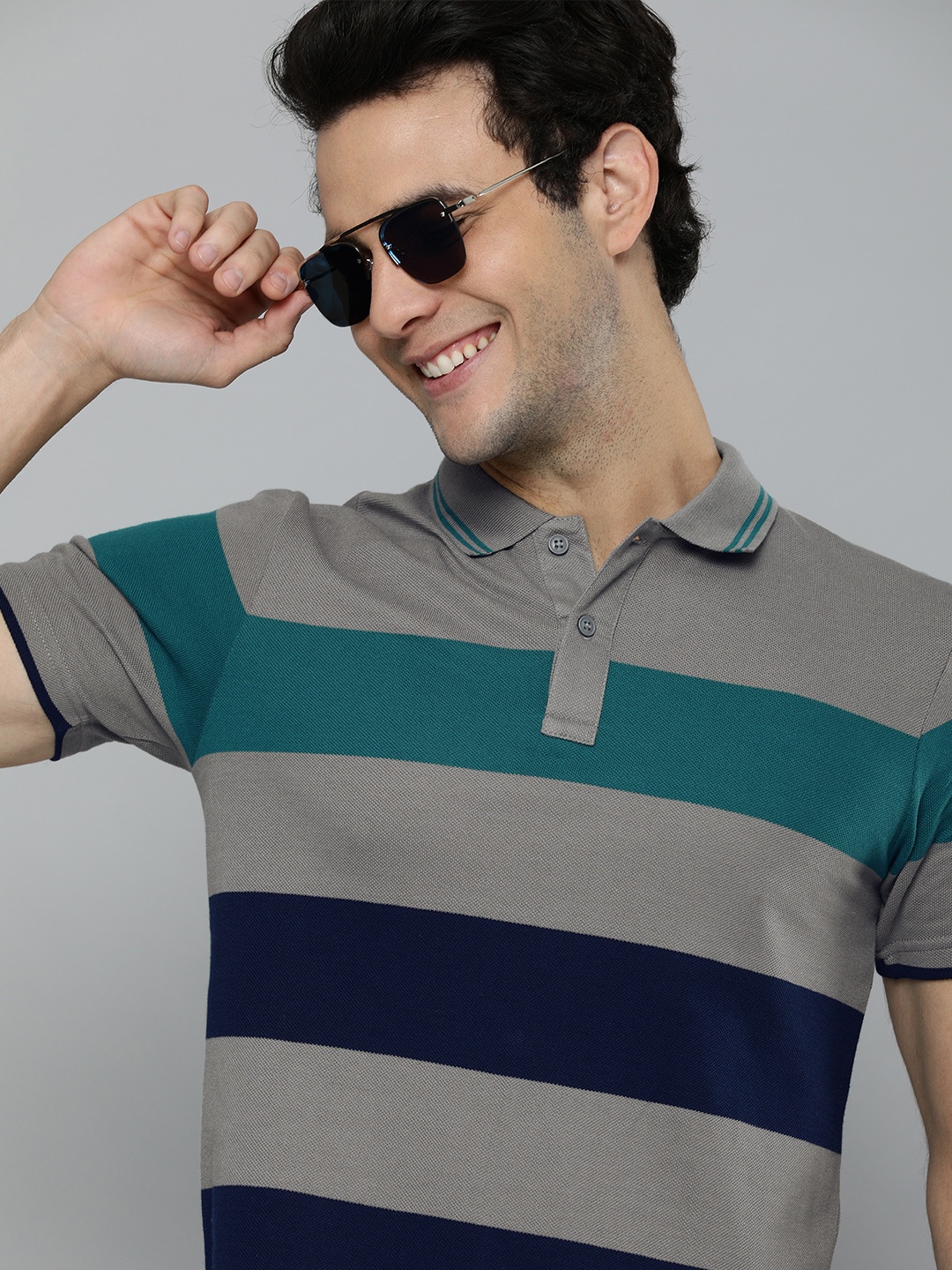 

HERE&NOW Men Grey & Navy Blue Striped Polo Collar T-shirt