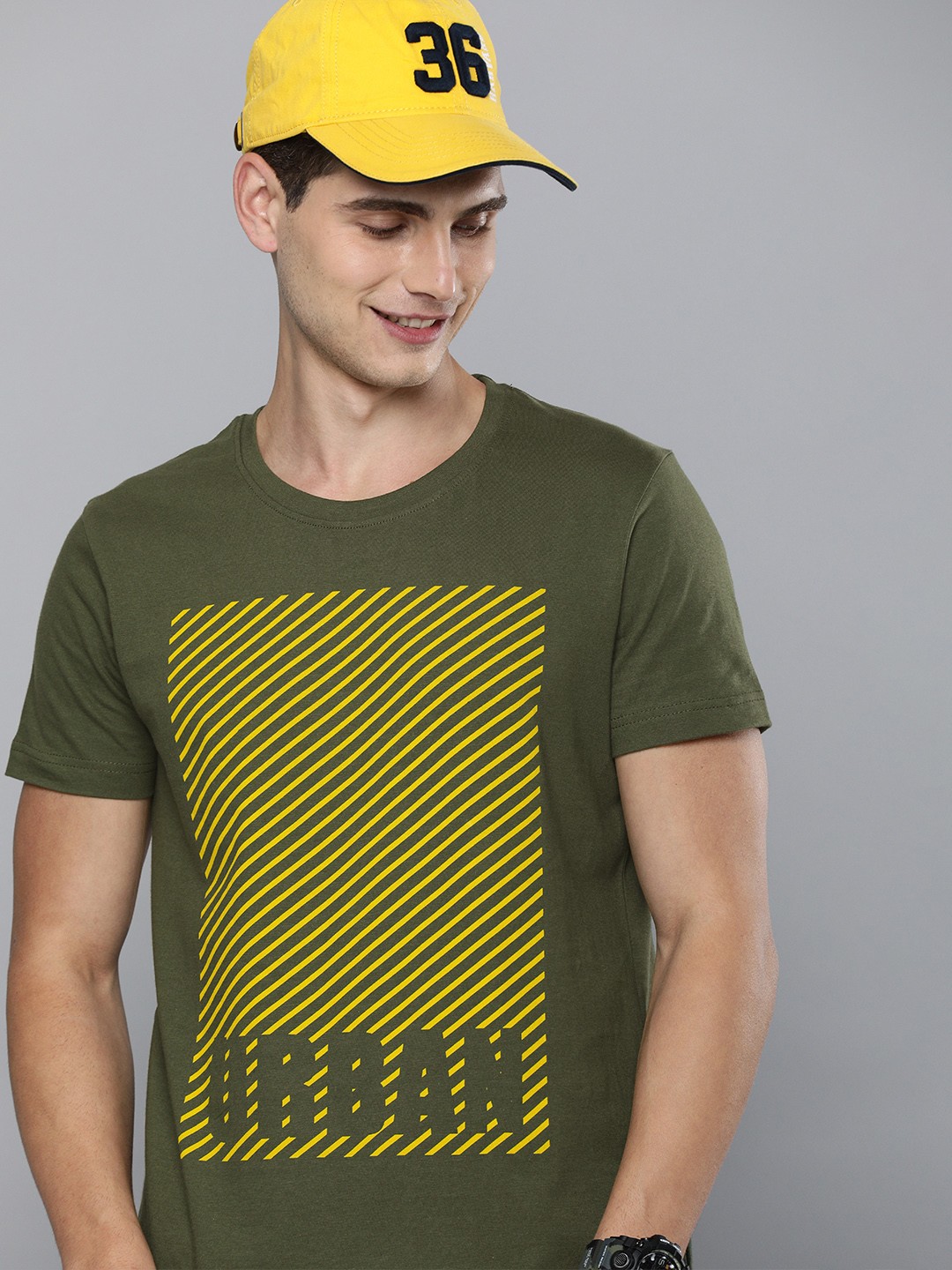 

HERE&NOW Men Olive Green & Yellow Typography Printed T-shirt