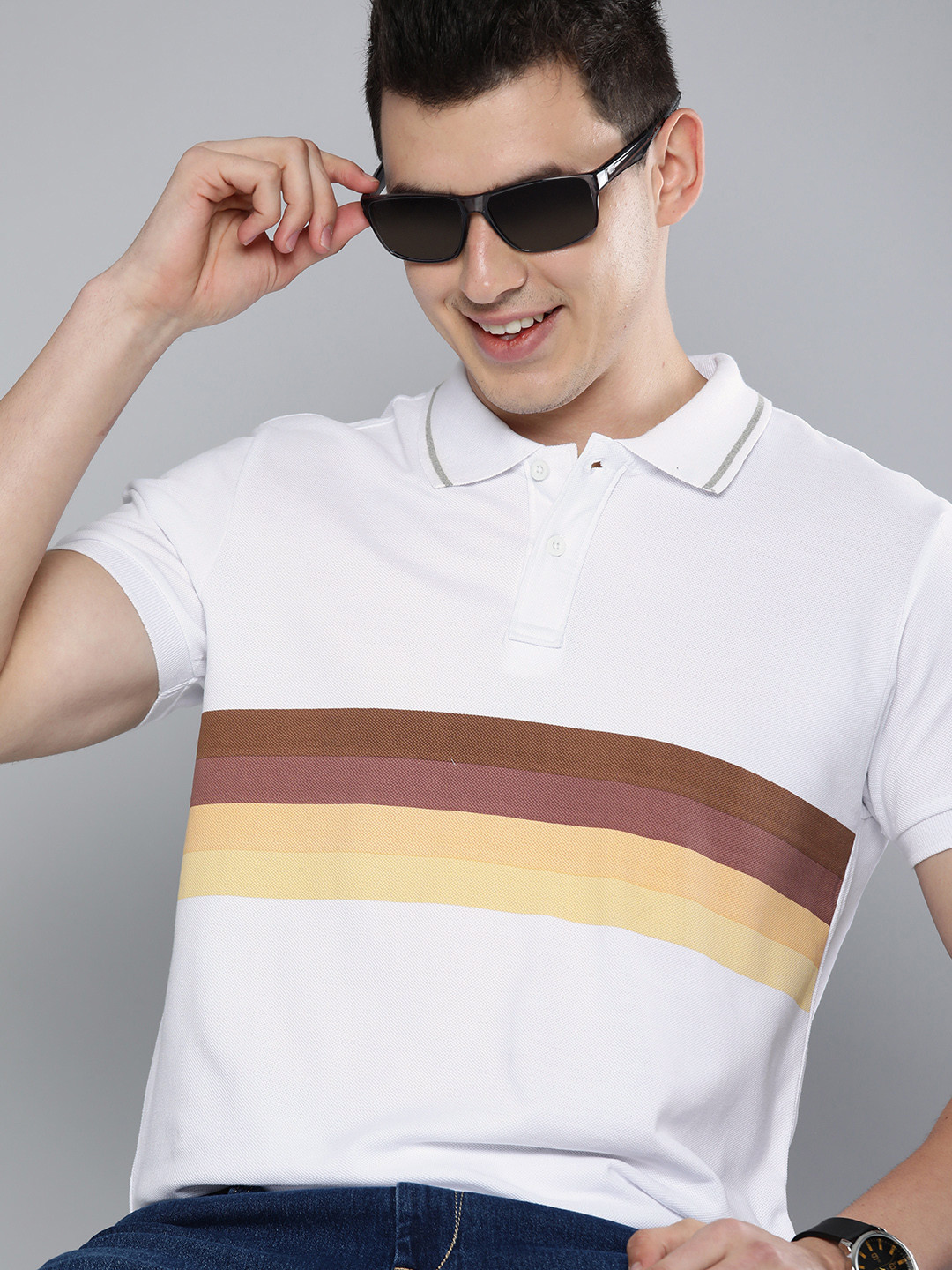 

HERE&NOW Men White & Bronze-Toned Colourblocked Polo Collar T-shirt