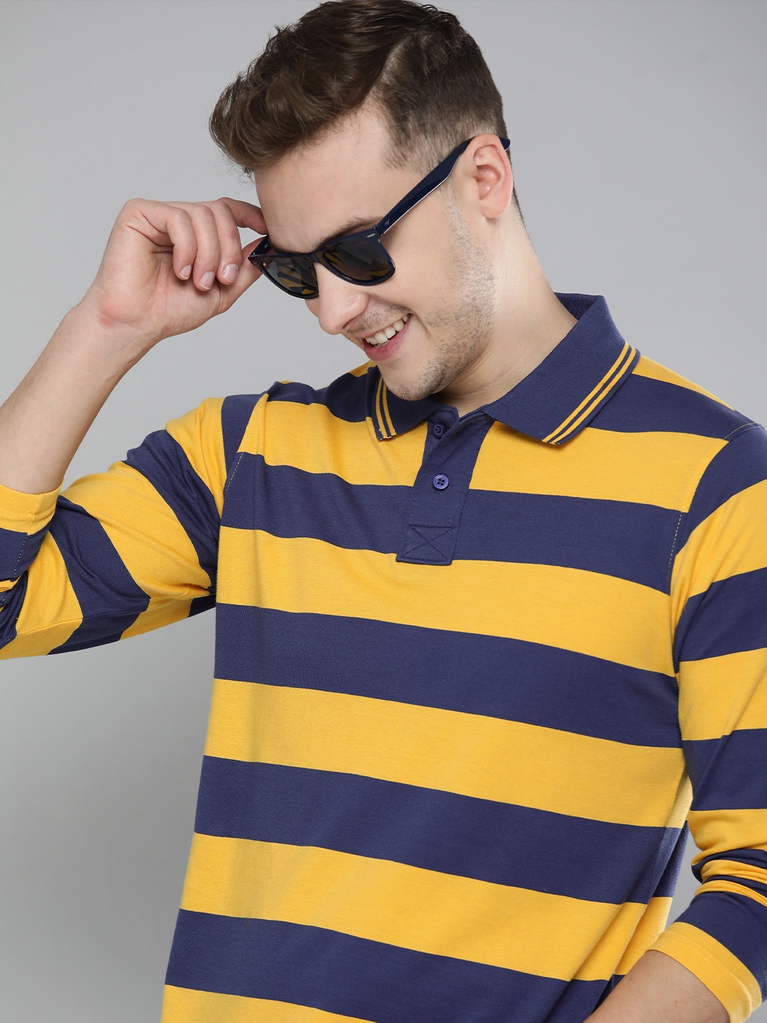

HERE&NOW Men Blue & Mustard Yellow Striped Polo Collar T-shirt