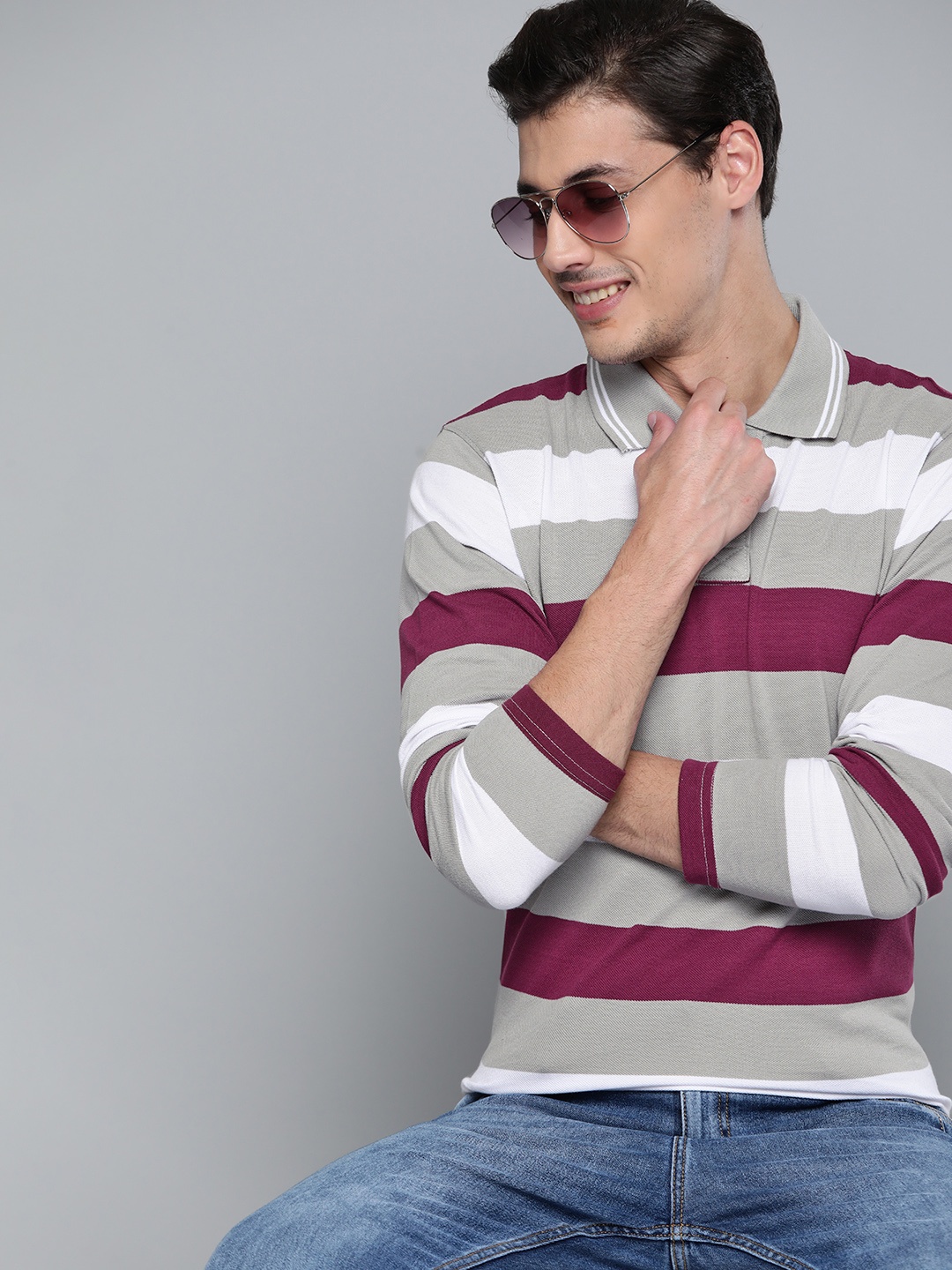 

HERE&NOW Men Grey & Burgundy Striped Polo Collar T-shirt