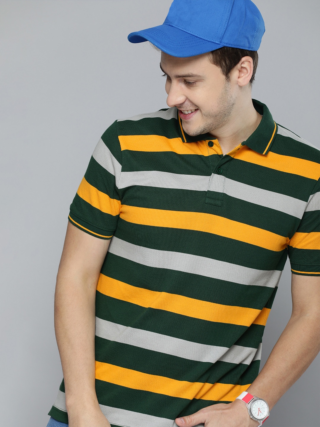 

HERE&NOW Men Teal & Orange Striped Polo Collar T-shirt