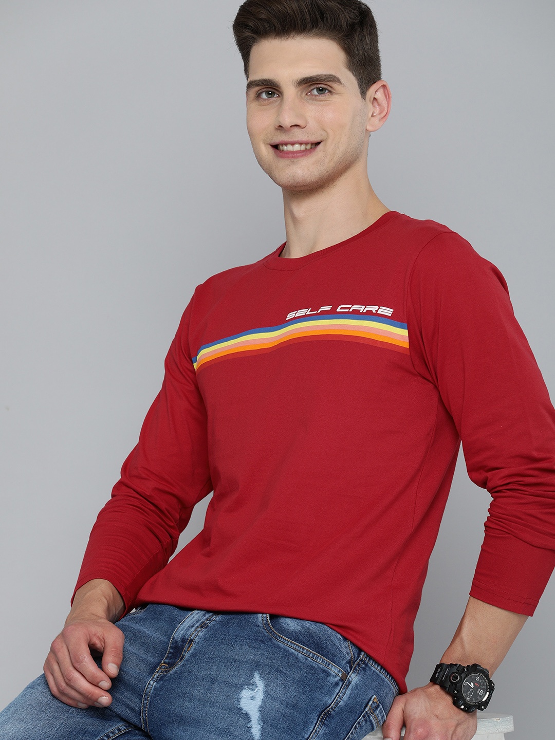 

HERE&NOW Men Red Typography Printed Cotton T-shirt