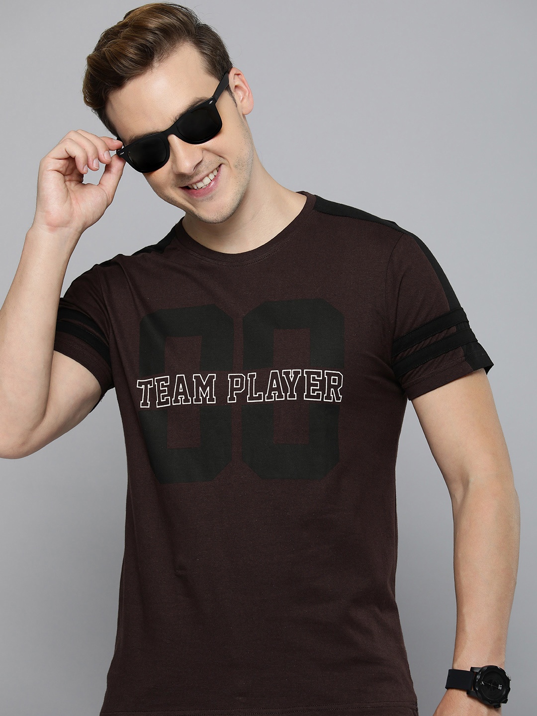 

HERE&NOW Men Pure Cotton Varsity Printed T-shirt, Coffee brown