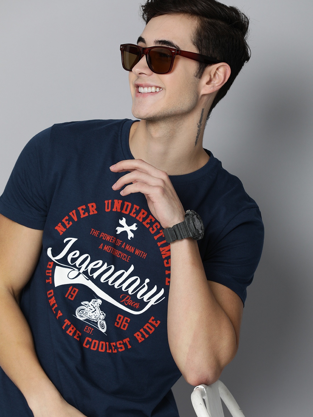 

HERE&NOW Men Navy Blue Typography Printed T-shirt