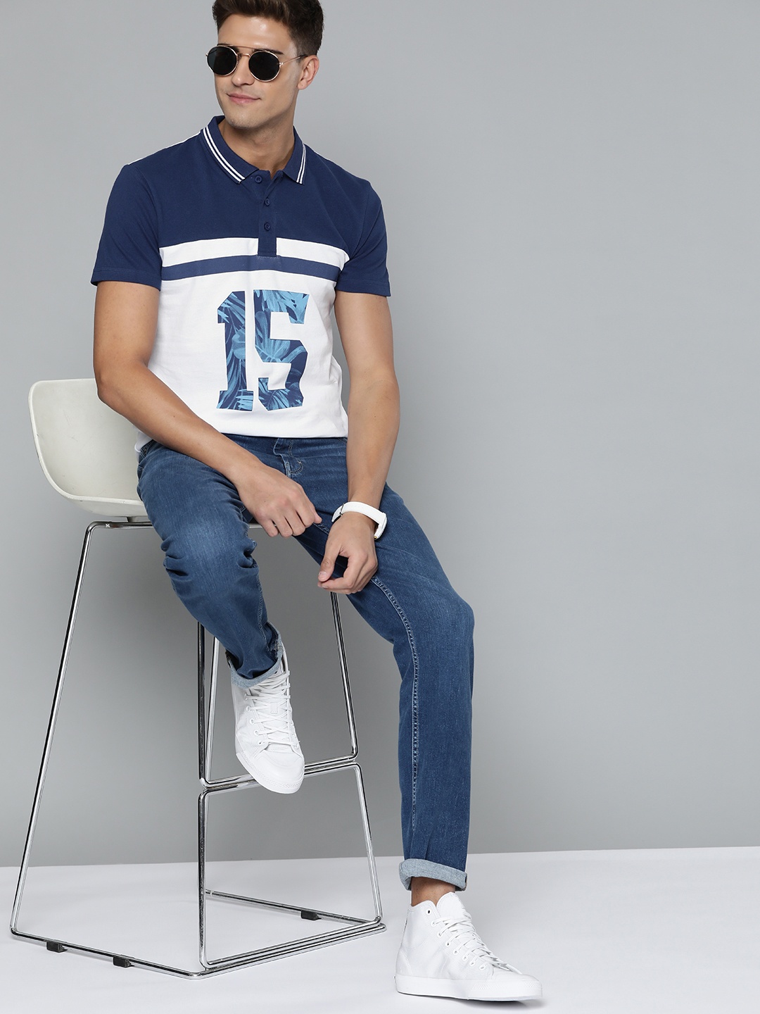 

HERE&NOW Men Blue & White Varsity Printed Polo Collar Pure Cotton T-shirt