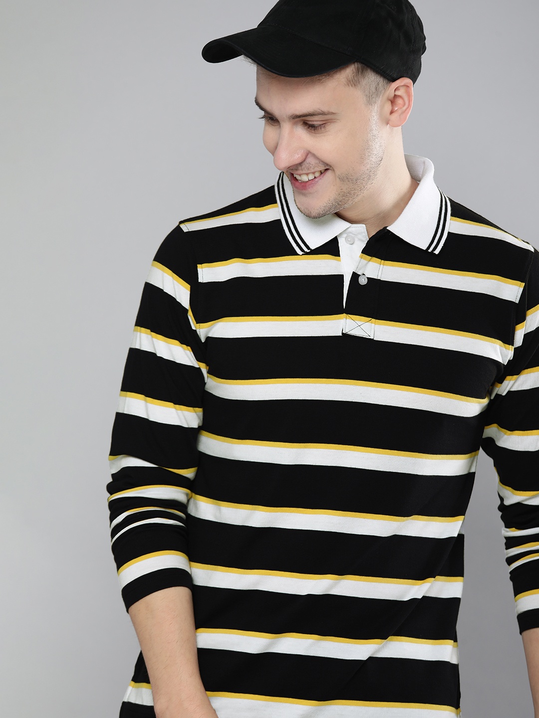 

HERE&NOW Men Black & White Striped Polo Collar T-shirt