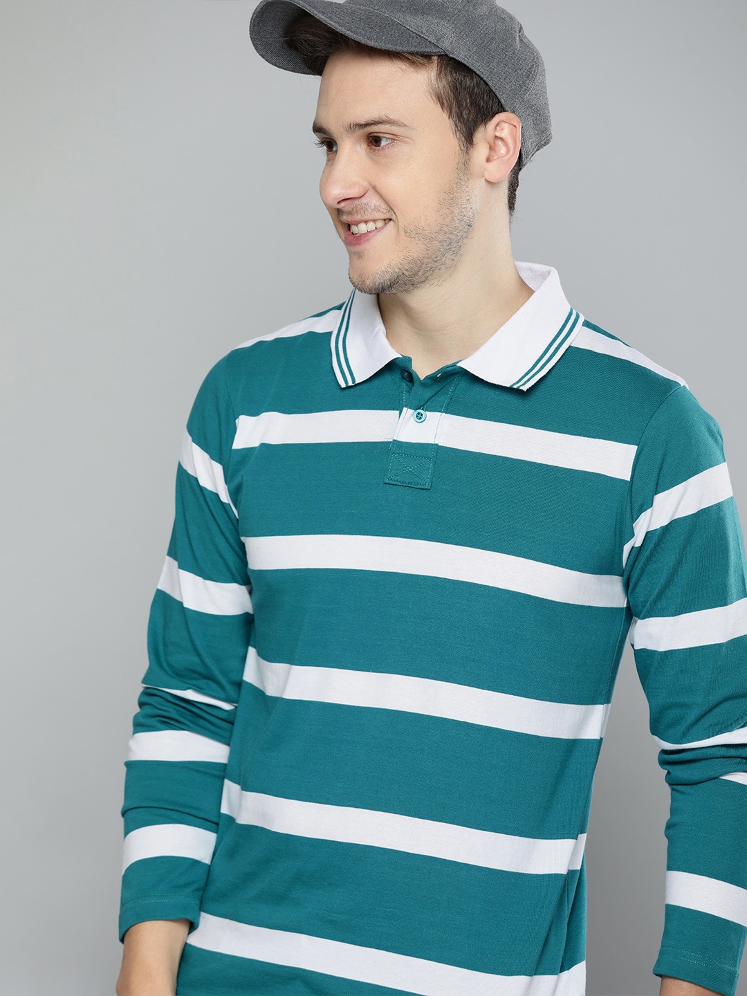 

HERE&NOW Men Teal & White Striped Polo Collar T-shirt