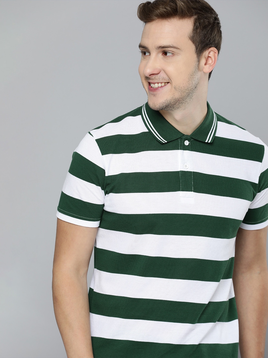

HERE&NOW Men White & Green Striped Polo Collar T-shirt