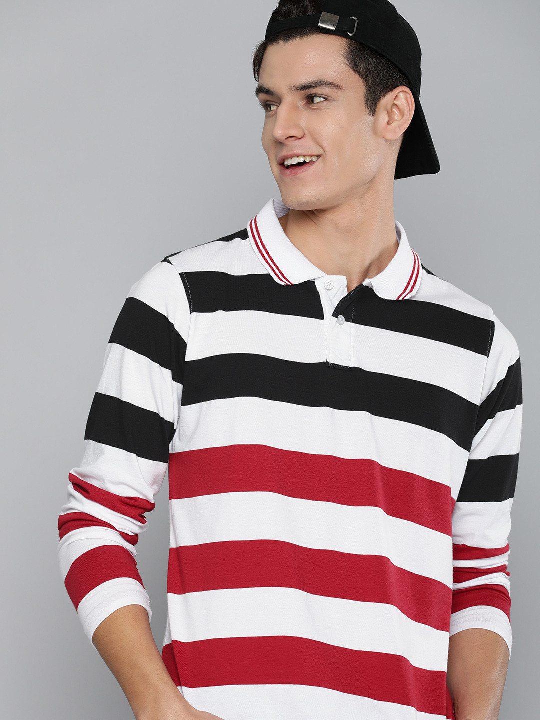 

HERE&NOW Men White & Red Striped Polo Collar T-shirt