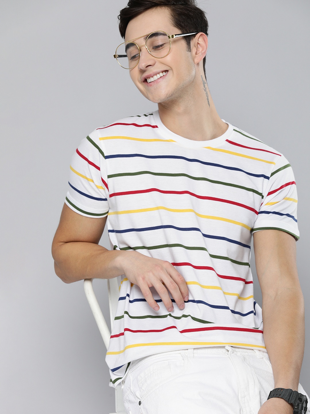 

HERE&NOW Men Multicoloured Striped Round-Neck Pure Cotton Casual T-shirt, Multi