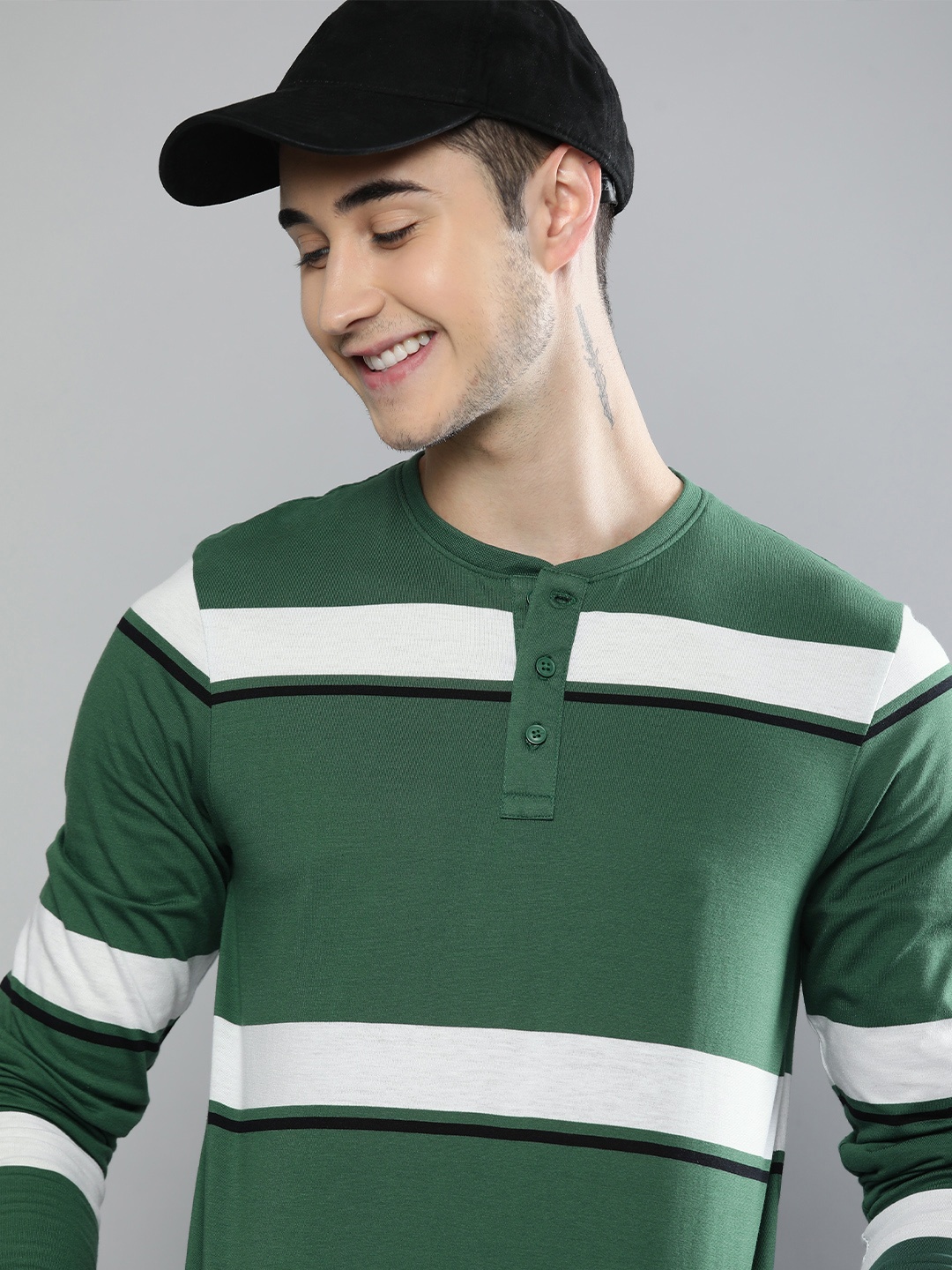 

HERE&NOW Men Olive Green & White Striped Henley Neck T-shirt