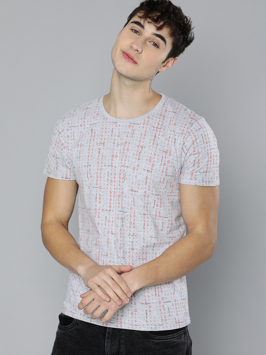 

HERE&NOW Men Grey Melange & Pink Typography Printed T-shirt